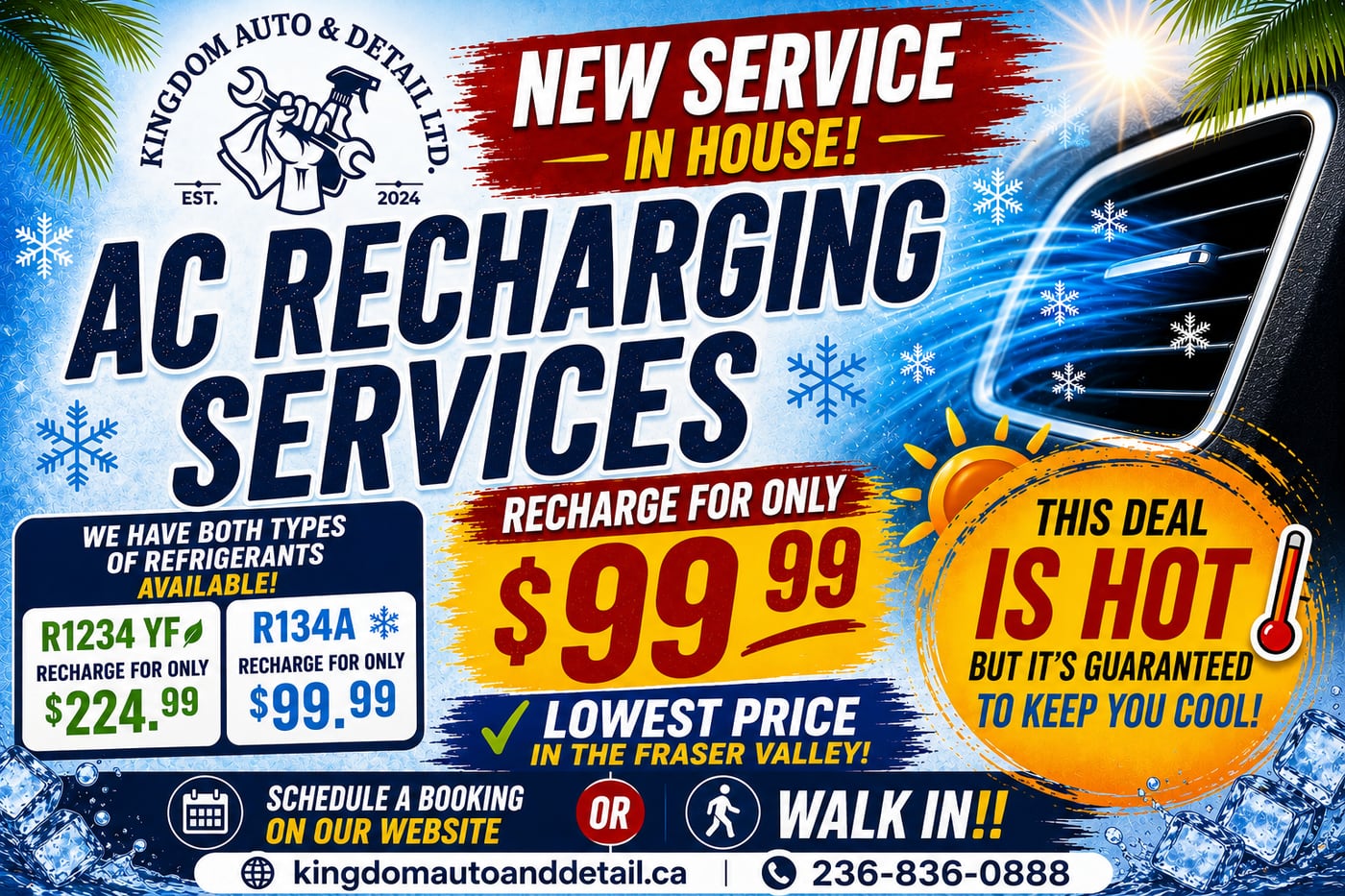 AC recharging services — R-134a or R-1234yf. Lowest price in the Fraser Valley.