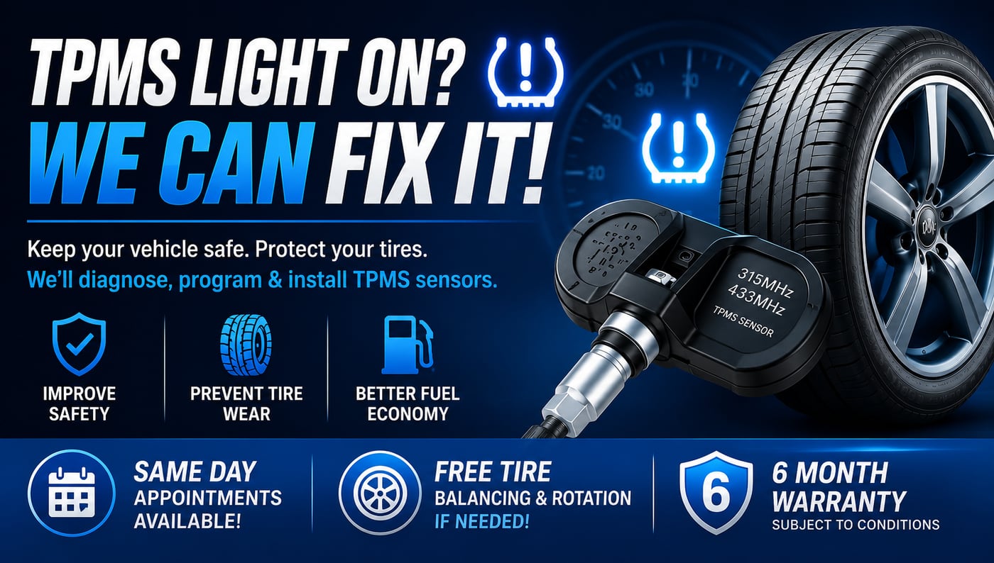 TPMS light on? We can fix it — same-day appointments available, 6-month warranty included.