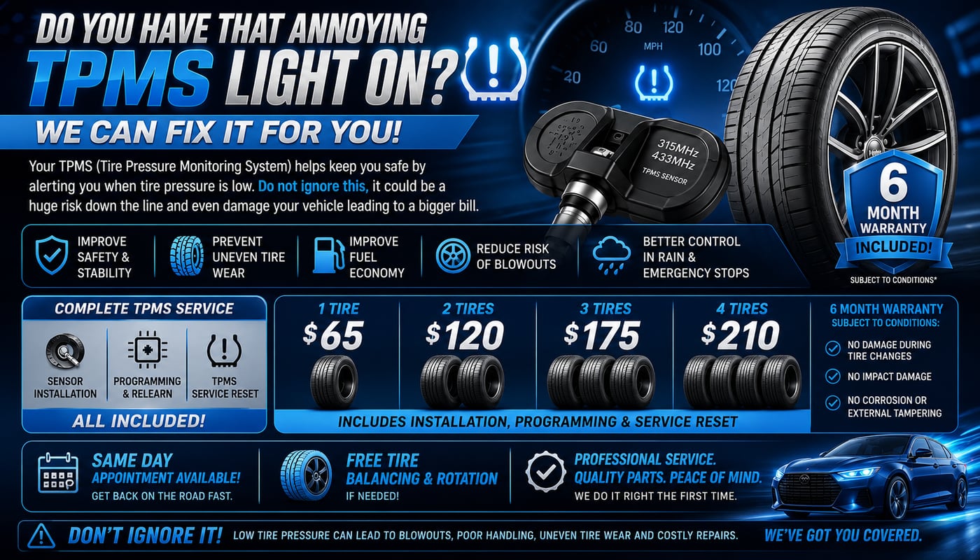 TPMS pricing: 1 tire $65, 2 tires $120, 3 tires $175, 4 tires $210 — installation, programming and service reset included.
